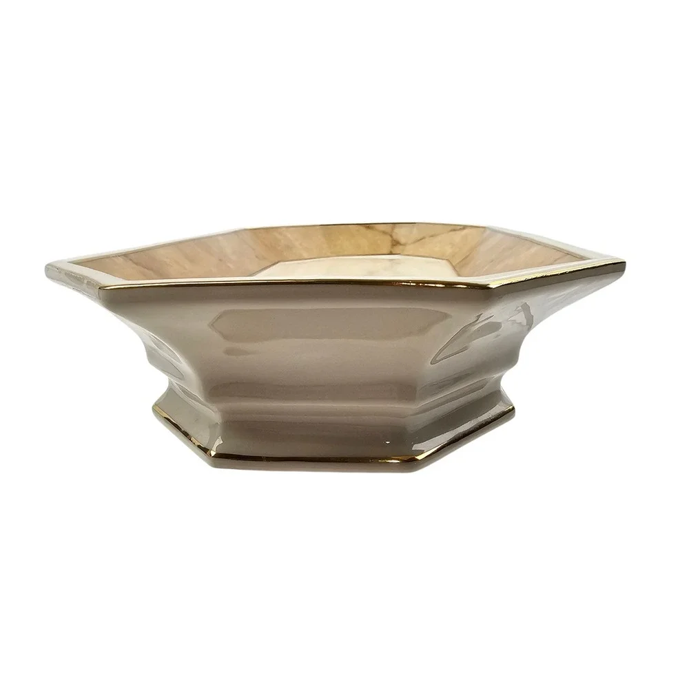 Octagonal Ceramic Serving Tray Marble Pattern Rim Gold Trim Cream Tan 11.5 inch
